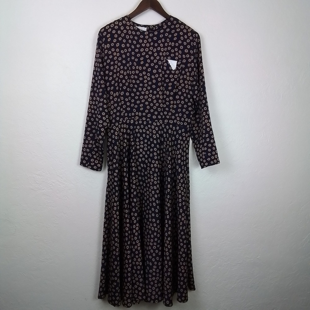 Axiom Dress Size 14 Blue Tan Dot Print Maxi Long Sleeve A‎ Line Modest Prairie